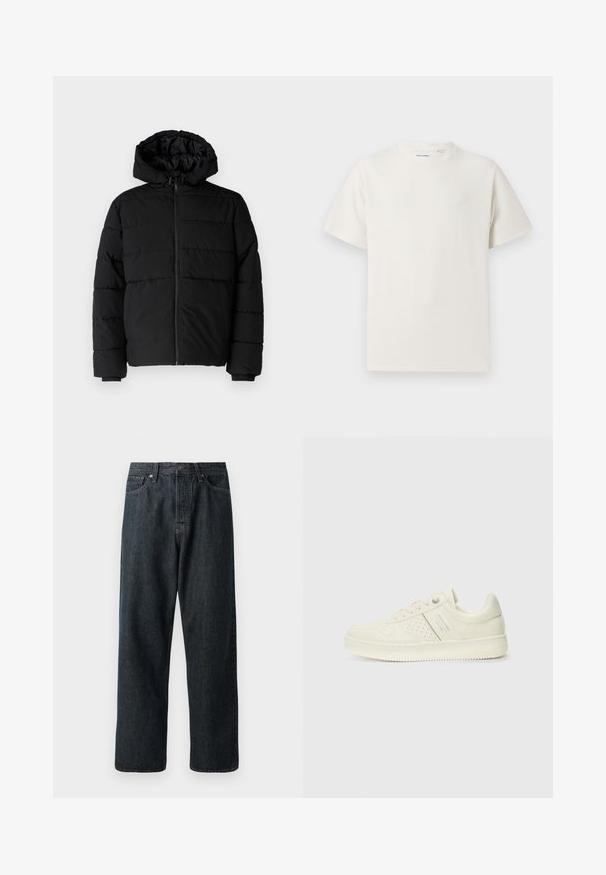Black puffer jacket featuring a zip front, a hood, and horizontal quilted design. Made of a smooth, durable fabric with ribbed cuffs.; White short-sleeve T-shirt in a ribbed texture. Round neckline, relaxed fit, no visible patterns or accents. Simple and versatile design.; Dark denim jeans with a straight-leg design, featuring a traditional five-pocket layout and a metal button closure at the waist.; Cream-colored sneaker with perforated detailing, laces, and logo on the side, displayed against a plain white background.