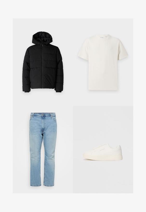 Svart puffjacka med dragkedja fram, huva och horisontellt quiltat mönster. Tillverkad av ett slätt, hållbart tyg med ribbade ärmslut.; Vit t-shirt med kort ärm i ribbad struktur. Rund halsringning, löst sittande passform, inga synliga mönster eller detaljer. Enkelt och mångsidigt design.; Ljusblå denimjeans med rak passform, som har en medelhög midja, femficksdesign och kontrasterande sömmar.; Vita slip-on sneakers med en texturerad yta, en tjock sula och minimalistisk design. Har varumärkeslogotypen på sidan.