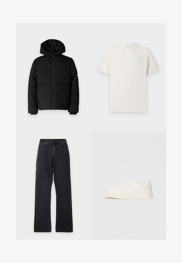 Svart boblejakke med glidelås foran, hette og horisontalt quiltet design. Laget av et glatt, slitesterkt stoff med ribbede cuffs.; Hvit T-skjorte med kort erm i ribbestrikket tekstur. Rund hals, avslappet passform, ingen synlige mønstre eller detaljer. Enkelt og allsidig design.; Svart denim vidbente jeans med høy midje, fem lommer og subtile teksturdetaljer. Har knapp- og glidelås-lukking.; Hvite slip-on joggesko med teksturert overflate, tykk såle og minimalistisk design. Har merkevarelogo på siden.