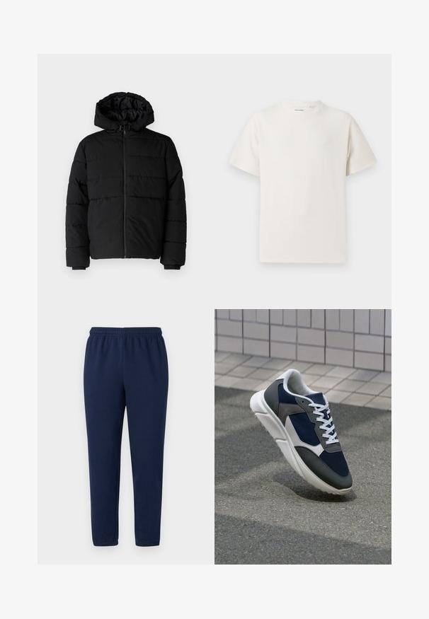 Musta puhvijakku, jossa on vetoketjukiinnitys, huppu ja vaakasuora tikkauksen rakenne. Valmistettu sileästä, kestävästä kankaasta, jossa on röpelöiset hihansuut.; Valkoinen lyhythihainen T-paita ribbikuviossa. Pyöreä kaula-aukko, rento istuvuus, ei näkyviä kuvioita tai yksityiskohtia. Yksinkertainen ja monikäyttöinen muotoilu.; Tummansiniset collegehousut pehmeästä puuvillasekoitteesta, jossa on joustava vyötärö ja kapenevat lahkeet, ilman näkyviä kuvioita tai korostuksia.; Kengät, joissa on tummansininen verkkopäällinen, harmaat mokka-yksityiskohdat, valkoinen kumipohja ja litteät valkoiset nauhat, suunniteltu mukavuutta ja hengittävyyttä varten.