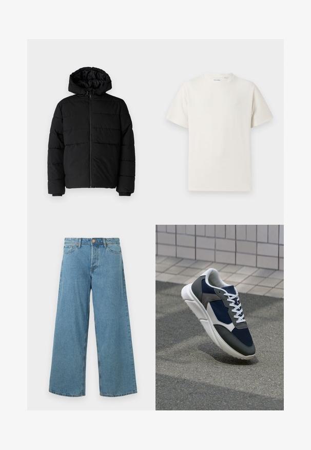Fekete puff dzseki cipzárral elöl, kapucnival és vízszintes steppelt mintázattal. Simább, tartós anyagból készült, bordázott mandzsettákkal.; Fehér, rövid ujjú póló bordázott textúrával. Kerek nyakkivágás, laza szabás, nincs látható minta vagy díszítés. Egyszerű és sokoldalú dizájn.; Világoskék, bő szárú farmernadrág elülső gombbal és zsebekkel, egy sima fehér háttér előtt bemutatva.; Cipő, amelynek sötétkék hálós felsőrésze, szürke velúr díszítései, fehér gumitalpa és lapos fehér fűzője van, a kényelem és a légáteresztő képesség érdekében tervezve.