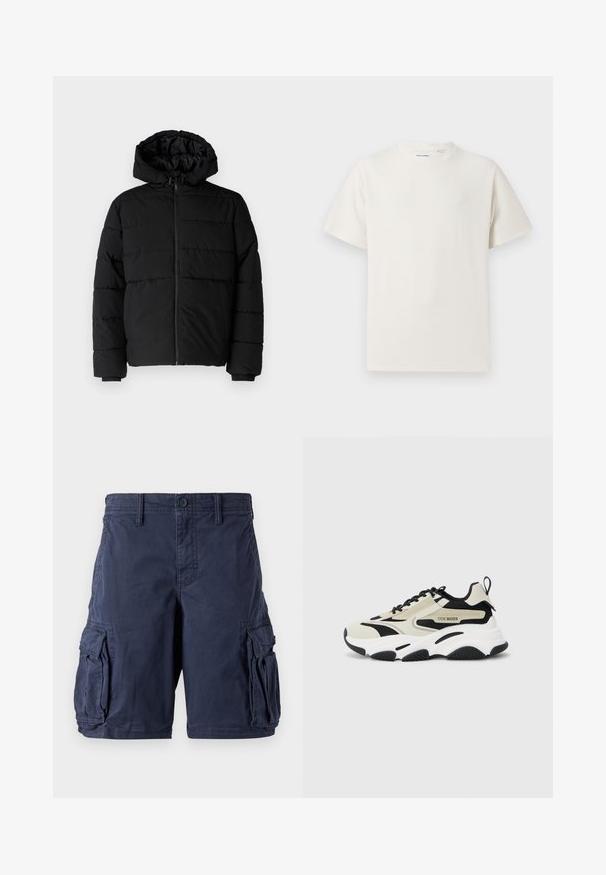 Must värvi puffernahk, millel on seljaed, kapuuts ja horisontaalne õmblusdisain. Valmistatud sujuvast, vastupidavast kangast ja ribakujuliste varrukaotste jaok.; Valge lühikeste varrukatega T-särk ribakudumises. Ümar kaelus, mugav lõige, nähtavad mustrid ega aksessuaarid puuduvad. Lihtne ja mitmekesine disain.; Tumedat sinised cargo lühikesed püksid, mis on valmistatud puuvillast. Omavad mitmeid küljetaskuid, nupukinnitust ja vaba lõikega disaini. Sile tekstuur ja vastupidav konstruktsioon.; Tugev sneaker, millel on beež ja must võrkmaterjalist ülemine osa, valge vaheosa, must kummist välistald ja logo detailid külgedel.