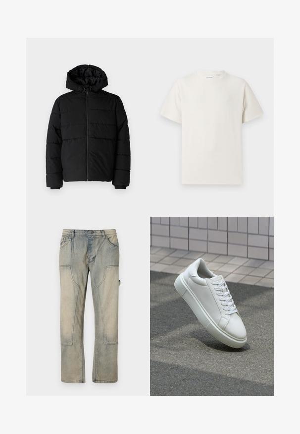 Casaco puffer preto com fecho de correr, capuz e design acolchoado horizontal. Feito de um tecido liso e durável com punhos canelados.; T-shirt branco de manga curta em textura canelada. Gola redonda, ajuste descontraído, sem padrões ou detalhes visíveis. Design simples e versátil.; Jeans desbotados de um azul claro com um corte largo, apresentando grandes bolsos frontais e costuras em contraste. O tecido possui uma textura suave e gasta.; Tênis de couro branco com superfície lisa, bico redondo e cadarços brancos planos. Apresenta uma sola de borracha texturizada e elementos de design minimalistas.