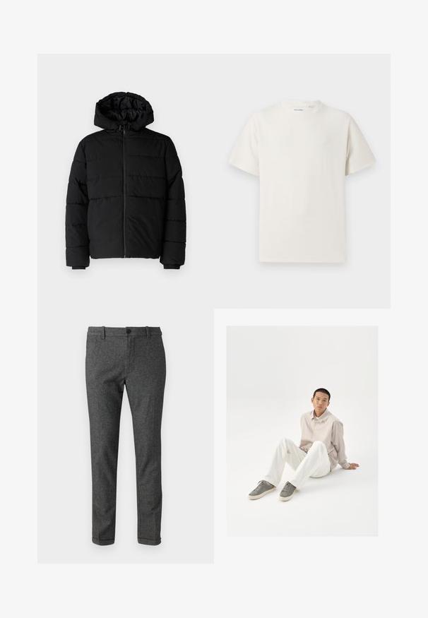 Černá péřová bunda s předním zipem, kapucí a vodorovným prošíváním. Vyrobena z hladké a odolné látky s žebrovanými manžetami.; Bílý krátký rukáv tričko s pružnou strukturou. Kulatý výstřih, volný střih, bez viditelných vzorů nebo detailů. Jednoduchý a univerzální design.; Šedé kalhoty z vlněné směsi s úzkým střihem, s plochým předním dílem, zapínáním na knoflík a ohrnutým lemem. Jemná textura a klasický design.; Krémová košile na knoflíky, bílé kalhoty a šedé tenisky. Košile má volný střih a tenisky mají texturovaný povrch a zavazování.