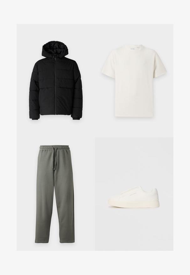 Μαύρο μπουφάν με φερμουάρ μπροστά, κουκούλα και οριζόντιο ραμμένο σχέδιο. Κατασκευασμένο από ομαλό, ανθεκτικό ύφασμα με ριγέ μανσέτες.; Λευκή κοντομάνικη μπλούζα με ριγωτή υφή. Στρογγυλή λαιμόκοψη, χαλαρή εφαρμογή, χωρίς ορατά σχέδια ή λεπτομέρειες. Απλός και ευέλικτος σχεδιασμός.; Γκρίζες φόρμες από μαλακό ύφασμα με ελαστική μέση και κορδόνια ρύθμισης; διαθέτουν ίσια κοπή ποδιού και ελάχιστες ραφές.; Λευκά slip-on παπούτσια με υφή, παχύ πάτο και μινιμαλιστικό σχέδιο. Φέρει το λογότυπο της μάρκας στο πλάι.
