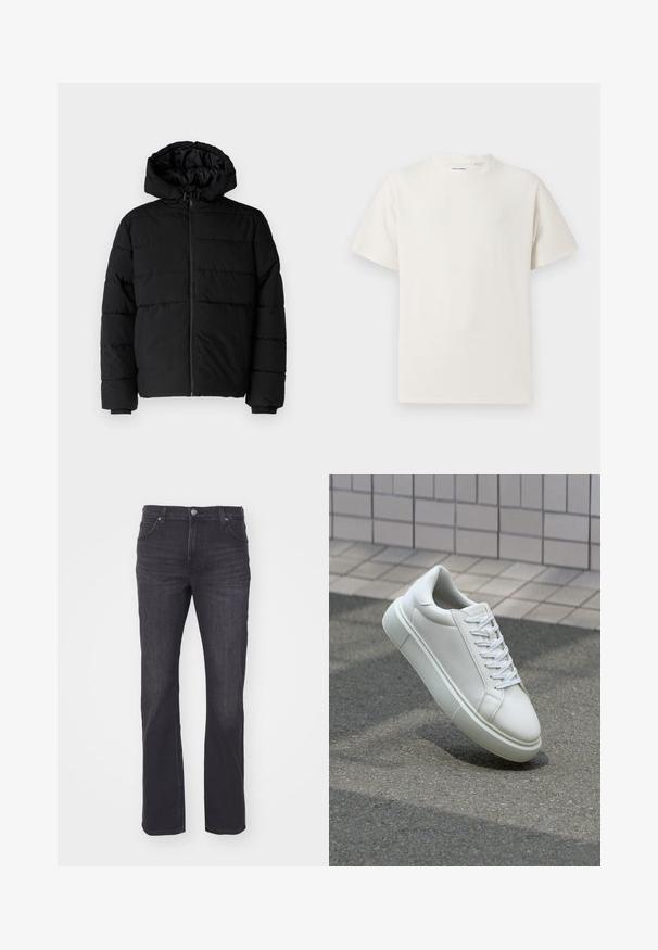 Svart boblejakke med glidelås foran, hette og horisontalt quiltet design. Laget av et glatt, slitesterkt stoff med ribbede cuffs.; Hvit T-skjorte med kort erm i ribbestrikket tekstur. Rund hals, avslappet passform, ingen synlige mønstre eller detaljer. Enkelt og allsidig design.; Mørke denim jeans med rett ben-design, med en klassisk fem-lommers stil og en enkel knappelukking i livet.; Hvit lær sneaker med glatt overflate, rund tå og flate hvite snøringer. Har en teksturert gummisåle og minimale design elementer.