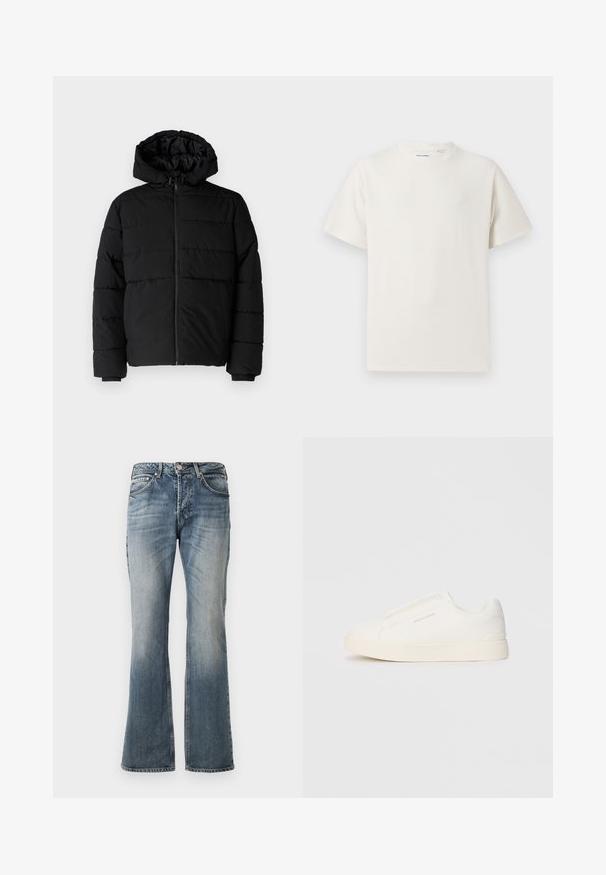 Černá péřová bunda s předním zipem, kapucí a vodorovným prošíváním. Vyrobena z hladké a odolné látky s žebrovanými manžetami.; Bílý krátký rukáv tričko s pružnou strukturou. Kulatý výstřih, volný střih, bez viditelných vzorů nebo detailů. Jednoduchý a univerzální design.; Modré vybledlé džíny s mírným rozšířením nohavic, designem se pěti kapsami a zapínáním na knoflík v pase.; Bílé slip-on tenisky s texturovaným povrchem, silnou podešví a minimalistickým designem. Na boku je umístěno logo značky.
