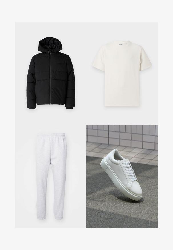 Črna puhovka z zadrgo spredaj, kapuco in vodoravno šivano obliko. Narejena je iz gladkega, trpežnega materiala z rebrastimi manšetami.; Bela majica s kratkimi rokavi iz rebraste tkanine. Okrogli izrez, sproščen kroj, brez vidnih vzorcev ali naglasov. Preprosta in vsestranska zasnova.; Svetlo sivi trenirke narejene iz mešanice mehkega bombaža, z elastičnim pasom in prilegajočimi se manšetami pri gležnjih. Brez vidnih vzorcev ali logotipov.; Bela usnjena teniska obutev z gladko površino, okroglo konico in ravnimi belimi vezalkami. Ima teksturiran gumijast podplat in minimalne oblikovalske elemente.