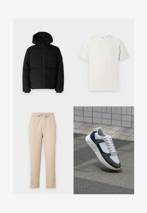 Must värvi puffernahk, millel on seljaed, kapuuts ja horisontaalne õmblusdisain. Valmistatud sujuvast, vastupidavast kangast ja ribakujuliste varrukaotste jaok.; Valge lühikeste varrukatega T-särk ribakudumises. Ümar kaelus, mugav lõige, nähtavad mustrid ega aksessuaarid puuduvad. Lihtne ja mitmekesine disain.; Beežid dressipüksid elastse vöökohaga, reguleeritava nööriga, kahe küljetaskuga ja kitseneva säärekujundusega. Pehme tekstuur, vabaaja stiil.; Valge, mereväe sinine ja hall spordijalats, millel on segatud materjalide disain, tekstureeritud ülemine osa, lame pael ja pehme talla.