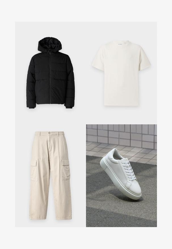 Black puffer jacket featuring a zip front, a hood, and horizontal quilted design. Made of a smooth, durable fabric with ribbed cuffs.; White short-sleeve T-shirt in a ribbed texture. Round neckline, relaxed fit, no visible patterns or accents. Simple and versatile design.; Beige cargo pants made of cotton, featuring side pockets, a straight-leg design, button closure, and a soft, textured fabric.; White leather sneaker with a smooth surface, round toe, and flat white laces. Features a textured rubber sole and minimal design elements.