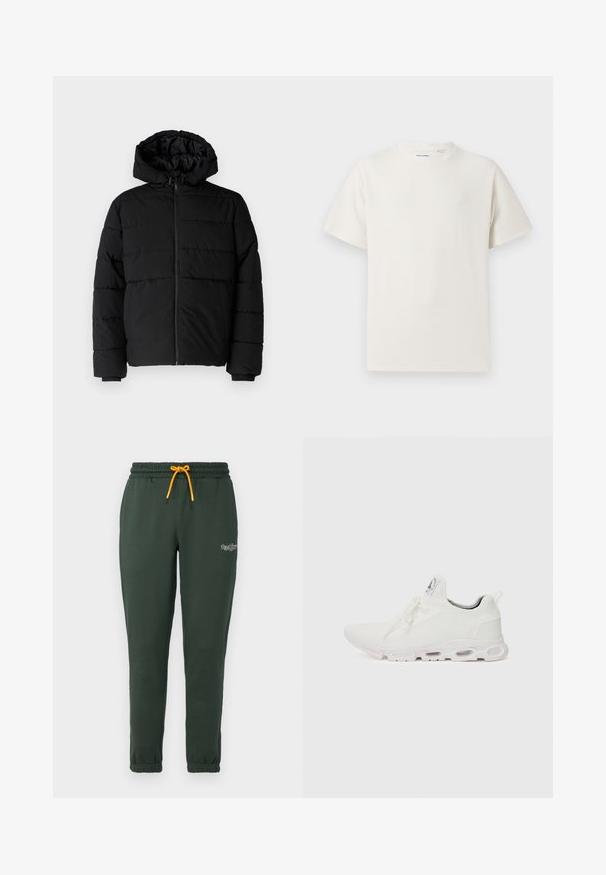 Casaco puffer preto com fecho de correr, capuz e design acolchoado horizontal. Feito de um tecido liso e durável com punhos canelados.; T-shirt branco de manga curta em textura canelada. Gola redonda, ajuste descontraído, sem padrões ou detalhes visíveis. Design simples e versátil.; Calças de treino verde-escuro feitas de um material suave, com um cós elástico e um cordão amarelo, além de punhos ajustados. Pequeno detalhe do logotipo na perna.; Ténis atléticos brancos com um superior em malha texturizada, atacadores planos e uma sola acolchoada com câmaras de ar visíveis para maior suporte.