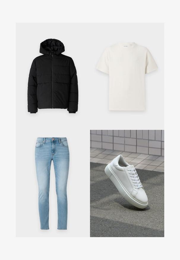 Casaco puffer preto com fecho de correr, capuz e design acolchoado horizontal. Feito de um tecido liso e durável com punhos canelados.; T-shirt branco de manga curta em textura canelada. Gola redonda, ajuste descontraído, sem padrões ou detalhes visíveis. Design simples e versátil.; Jeans justos azuis claros feitos de denim, apresentando uma cintura de altura média, cinco bolsos e um desbotado subtil nas coxas. Fecho por botão na cintura.; Tênis de couro branco com superfície lisa, bico redondo e cadarços brancos planos. Apresenta uma sola de borracha texturizada e elementos de design minimalistas.