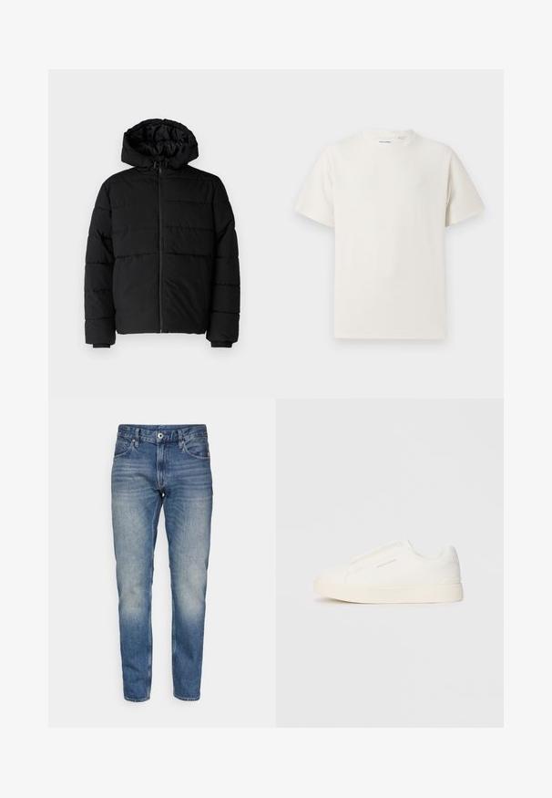 Casaco puffer preto com fecho de correr, capuz e design acolchoado horizontal. Feito de um tecido liso e durável com punhos canelados.; T-shirt branco de manga curta em textura canelada. Gola redonda, ajuste descontraído, sem padrões ou detalhes visíveis. Design simples e versátil.; Jeans de ganga azul claro com corte reto. Apresenta cinco bolsos, fecho com botão e ligeira descoloração para um aspeto usado.; Sapatilhas brancas de atacar com uma superfície texturizada, sola grossa e design minimalista. Possui o logo da marca na lateral.