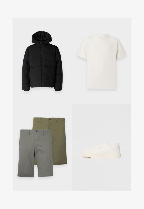 Μαύρο μπουφάν με φερμουάρ μπροστά, κουκούλα και οριζόντιο ραμμένο σχέδιο. Κατασκευασμένο από ομαλό, ανθεκτικό ύφασμα με ριγέ μανσέτες.; Λευκή κοντομάνικη μπλούζα με ριγωτή υφή. Στρογγυλή λαιμόκοψη, χαλαρή εφαρμογή, χωρίς ορατά σχέδια ή λεπτομέρειες. Απλός και ευέλικτος σχεδιασμός.; Δύο ζευγάρια σορτς σε πράσινο και ελαιόχρωμο χρώμα. Και τα δύο έχουν λεία υφή, κουμπί κλεισίματος και επίπεδο σχέδιο μπροστά. Δεν έχουν ορατά μοτίβα.; Λευκά slip-on παπούτσια με υφή, παχύ πάτο και μινιμαλιστικό σχέδιο. Φέρει το λογότυπο της μάρκας στο πλάι.