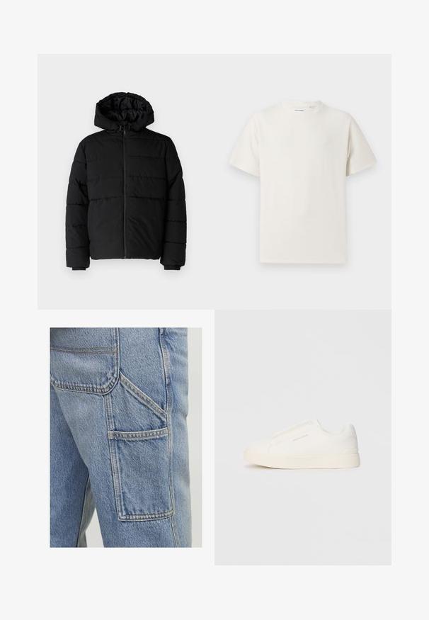 Jachetă puffer neagră cu fermoar în față, glugă și un design matlasat orizontal. Fabricată dintr-un material neted și rezistent, cu manșete ribbate.; Tricou alb cu maneci scurte, dintr-un material ribbed. Guler rotund, croi lejer, fără modele sau accente vizibile. Design simplu și versatil.; Pantalonii cargo din denim de culoare bleu deschis au o mare buzunar lateral, accente de cusuturi subtile și o croială lejeră, cu un finisaj ușor texturat.; Tenisi albi slip-on cu o suprafață texturată, talpă groasă și un design minimalist. Prezintă logo-ul brandului pe lateral.