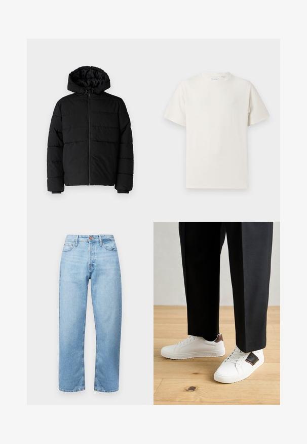Czarna kurtka puchowa z zamkiem z przodu, kapturem i poziomym pikowaniem. Wykonana z gładkiego, trwałego materiału z prążkowanymi mankietami.; Biała krótka koszulka z krótkim rękawem o żebrowanej fakturze. Okrągły dekolt, luźny krój, brak widocznych wzorów lub akcentów. Prosty i uniwersalny design.; Jasnoniebieskie dżinsy o prostym kroju, pięciokieszeniowe, z zapięciem na guzik. Gładka faktura i minimalne przetarcia z przeszytymi akcentami.; Białe trampki o gładkiej fakturze, z brązowymi skórzanymi akcentami i czarnymi detalami, zestawione z czarnymi eleganckimi spodniami. Tło stanowi drewniana podłoga.