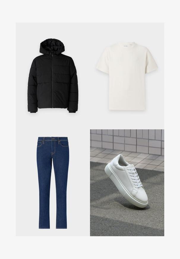 Casaco puffer preto com fecho de correr, capuz e design acolchoado horizontal. Feito de um tecido liso e durável com punhos canelados.; T-shirt branco de manga curta em textura canelada. Gola redonda, ajuste descontraído, sem padrões ou detalhes visíveis. Design simples e versátil.; Jeans de ganga azul escuro com um design de perna reta, apresentando costuras subtis, cinco bolsos e um fecho com botão na cintura.; Tênis de couro branco com superfície lisa, bico redondo e cadarços brancos planos. Apresenta uma sola de borracha texturizada e elementos de design minimalistas.