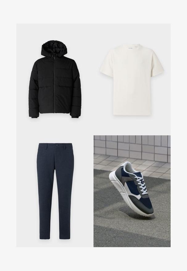 Black puffer jacket featuring a zip front, a hood, and horizontal quilted design. Made of a smooth, durable fabric with ribbed cuffs.; White short-sleeve T-shirt in a ribbed texture. Round neckline, relaxed fit, no visible patterns or accents. Simple and versatile design.; Dark navy slim-fit pants with belt loops, front button, and front pockets, displayed on a white background.; Sneaker featuring a navy blue mesh upper, gray suede accents, white rubber sole, and flat white laces, designed for comfort and breathability.