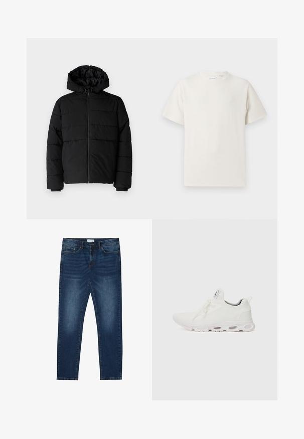 Čierna puff jacket s predným zipsom, kapucňou a horizontálnym prešívaním. Vyrobená z hladkej, odolnej tkaniny s rebrovanými manžetami.; Biela krátka tričko s krátkym rukávom so žebrovanou textúrou. Okrúhly výstrih, uvoľnený strih, žiadne viditeľné vzory ani akcenty. Jednoduchý a všestranný dizajn.; Tmavomodré úzke džínsy s bledými detailmi, klasický dizajn s piatimi vreckami, zapínanie na gombík a pútka na opasok.; Biele športové topánky so štruktúrovaným pleteným zvrškom, plochými šnúrkami a odpruženou podrážkou s viditeľnými vzduchovými komorami pre dodatočnú podporu.