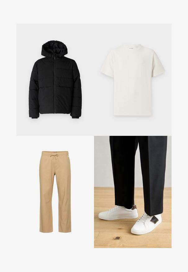 Melna pūkainā jaka ar rāvējslēdzēju priekšā, kapuci un horizontālu quiltēšanas dizainu. Izgatavota no gludas, izturīgas auduma ar ribotām piedurknēm.; Balta krūštura īsām piedurknēm ar ribota auduma faktūru. Apaļš kakla izgriezums, brīvs griezums, bez redzamām rakstām vai akcentiem. Vienkāršs un daudzpusīgs dizains.; Dzeltenas, taisnas kājas kokvilnas bikses ar elastīgu jostu un auklu. Iekļauj sānu kabatas un gludu tekstūru.; Baltā pārsoļa apavi ar gludu tekstūru, papildināti ar brūniem ādas akcentiem un melniem elementiem, savienoti ar melnām pielāgotām biksēm. Koka grīdas fons.