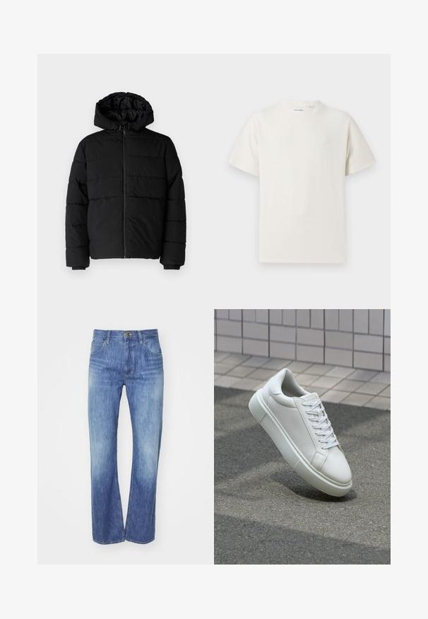 Black puffer jacket featuring a zip front, a hood, and horizontal quilted design. Made of a smooth, durable fabric with ribbed cuffs.; White short-sleeve T-shirt in a ribbed texture. Round neckline, relaxed fit, no visible patterns or accents. Simple and versatile design.; Light blue denim jeans with a straight leg cut, featuring a slight fade, five pockets, and a button closure at the waistband.; White leather sneaker with a smooth surface, round toe, and flat white laces. Features a textured rubber sole and minimal design elements.