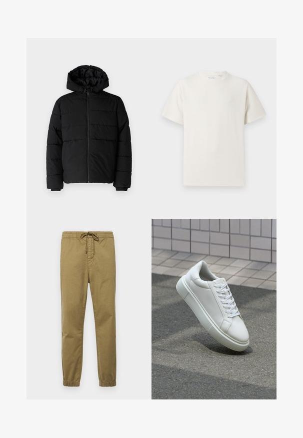 Black puffer jacket featuring a zip front, a hood, and horizontal quilted design. Made of a smooth, durable fabric with ribbed cuffs.; White short-sleeve T-shirt in a ribbed texture. Round neckline, relaxed fit, no visible patterns or accents. Simple and versatile design.; Light khaki jogger pants with elastic waistband, adjustable drawstring, tapered legs, and elastic cuffs. Smooth, breathable fabric.; White leather sneaker with a smooth surface, round toe, and flat white laces. Features a textured rubber sole and minimal design elements.