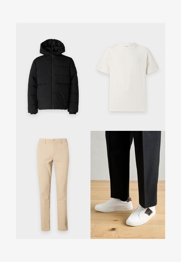 Fekete puff dzseki cipzárral elöl, kapucnival és vízszintes steppelt mintázattal. Simább, tartós anyagból készült, bordázott mandzsettákkal.; Fehér, rövid ujjú póló bordázott textúrával. Kerek nyakkivágás, laza szabás, nincs látható minta vagy díszítés. Egyszerű és sokoldalú dizájn.; Beige pamut nadrág klasszikus fazonnal, cipzáros, gombos záródással, övhurkokkal és tiszta szegéllyel. Nincsenek látható minták vagy díszítések.; Fehér sneaker, sima textúrával, barna bőr díszítéssel és fekete részletekkel, fekete szabott nadrággal párosítva. Fából készült padló háttér.
