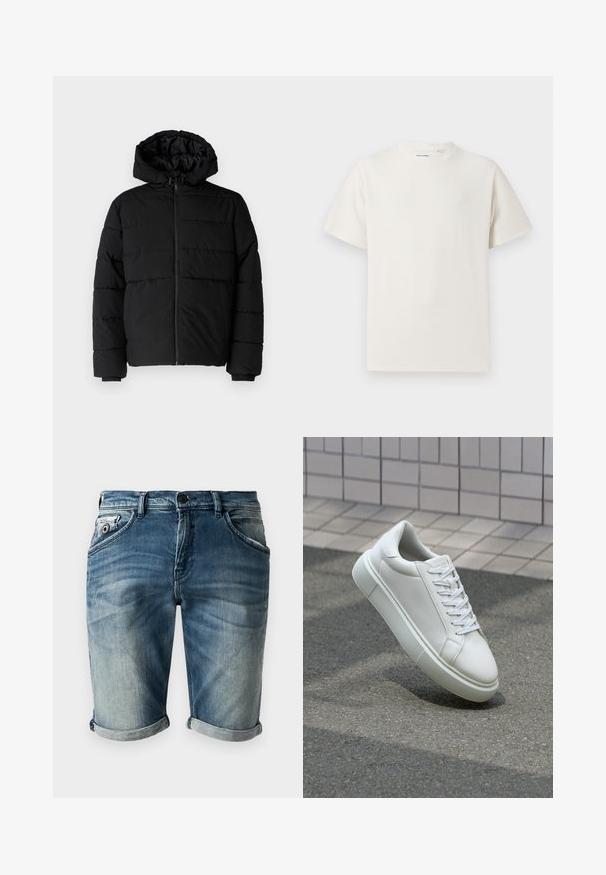 Black puffer jacket featuring a zip front, a hood, and horizontal quilted design. Made of a smooth, durable fabric with ribbed cuffs.; White short-sleeve T-shirt in a ribbed texture. Round neckline, relaxed fit, no visible patterns or accents. Simple and versatile design.; Denim shorts in a faded blue hue with a slightly distressed texture. Features rolled cuffs, front pockets, and a classic button closure.; White leather sneaker with a smooth surface, round toe, and flat white laces. Features a textured rubber sole and minimal design elements.