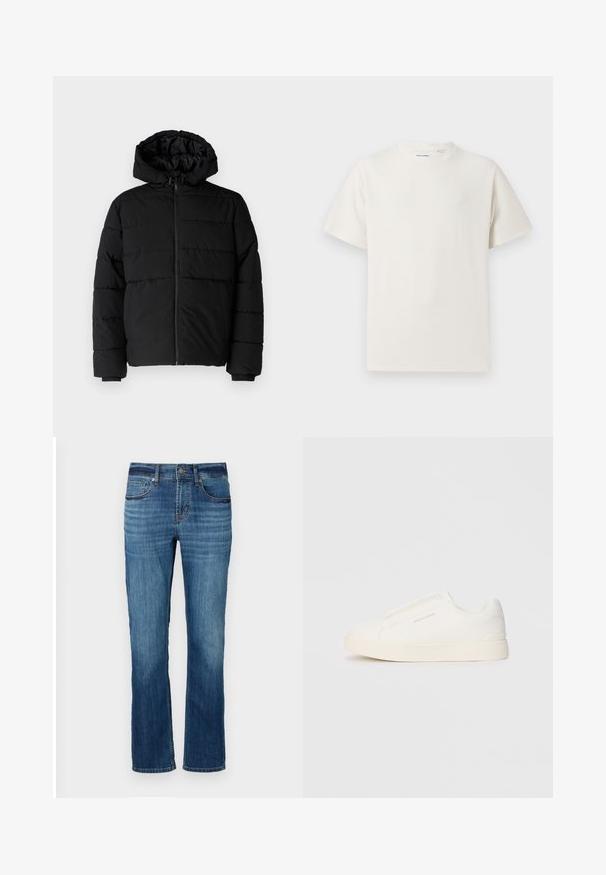 Melna pūkainā jaka ar rāvējslēdzēju priekšā, kapuci un horizontālu quiltēšanas dizainu. Izgatavota no gludas, izturīgas auduma ar ribotām piedurknēm.; Balta krūštura īsām piedurknēm ar ribota auduma faktūru. Apaļš kakla izgriezums, brīvs griezums, bez redzamām rakstām vai akcentiem. Vienkāršs un daudzpusīgs dizains.; Zili džinsi ar taisnu kāju dizainu, ar piecām kabatām, vieglu izbalēšanu un vara diegu. Beigās ar standarta jostasvietu.; Baltas slip-on sporta apavi ar teksturētu virsmu, biezu zoli un minimālistisku dizainu. Sānos redzams zīmola logotips.