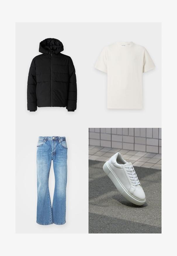 Must värvi puffernahk, millel on seljaed, kapuuts ja horisontaalne õmblusdisain. Valmistatud sujuvast, vastupidavast kangast ja ribakujuliste varrukaotste jaok.; Valge lühikeste varrukatega T-särk ribakudumises. Ümar kaelus, mugav lõige, nähtavad mustrid ega aksessuaarid puuduvad. Lihtne ja mitmekesine disain.; Heledad hallide omen pükste tumesinine värv, klassikalise viie tasku stiiliga, lukuga ja kontrastsete õmblustega õmbluste ääres.; Valge nahkline sneka, millel on sile pind, ümar varvas ja lame valge pael. Omab tekstuuriga kummist talla ja minimaalset kujunduselementi.