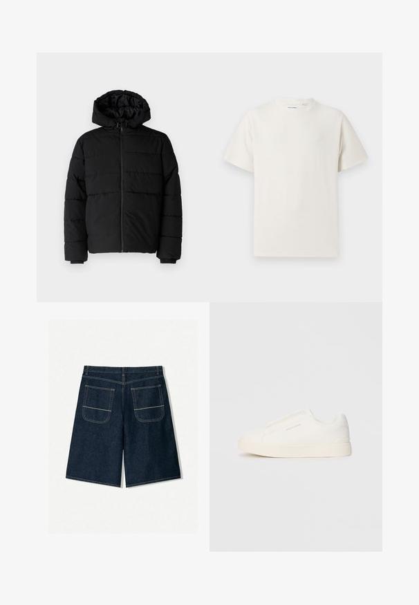 Fekete puff dzseki cipzárral elöl, kapucnival és vízszintes steppelt mintázattal. Simább, tartós anyagból készült, bordázott mandzsettákkal.; Fehér, rövid ujjú póló bordázott textúrával. Kerek nyakkivágás, laza szabás, nincs látható minta vagy díszítés. Egyszerű és sokoldalú dizájn.; Sötétkék farmer rövidnadrág, laza fit tessékű, két hátzsebbel, kontrasztos varrással. Egyenes szabású és térd alá érő dizájn.; Fehér slip-on sportcipők texturált felülettel, vastag talppal és minimalista dizájnnal. Az oldalon a márka logója található.