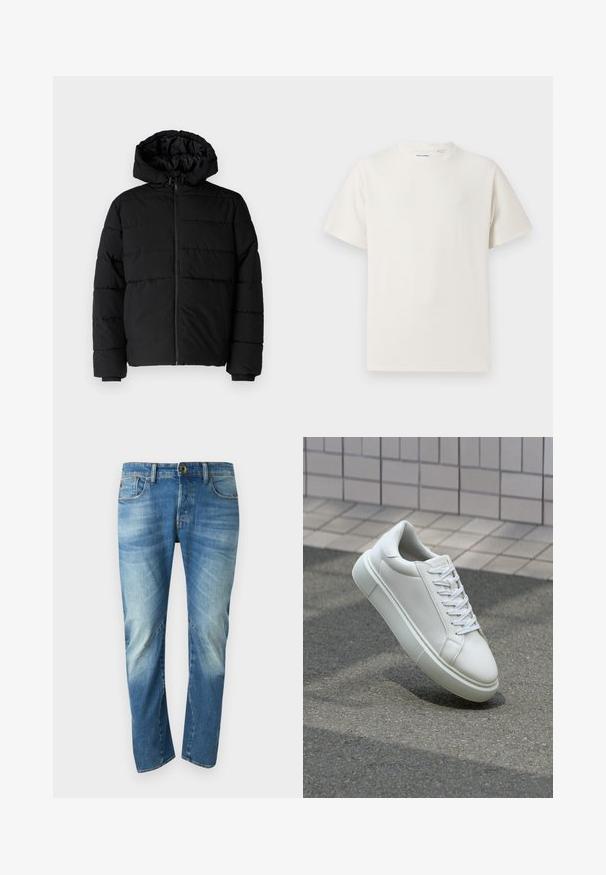 Casaco puffer preto com fecho de correr, capuz e design acolchoado horizontal. Feito de um tecido liso e durável com punhos canelados.; T-shirt branco de manga curta em textura canelada. Gola redonda, ajuste descontraído, sem padrões ou detalhes visíveis. Design simples e versátil.; Roupas de ganga azul desbotada, estilo reto, com cinco bolsos, fecho de botão e detalhes de costura visíveis na parte da frente.; Tênis de couro branco com superfície lisa, bico redondo e cadarços brancos planos. Apresenta uma sola de borracha texturizada e elementos de design minimalistas.