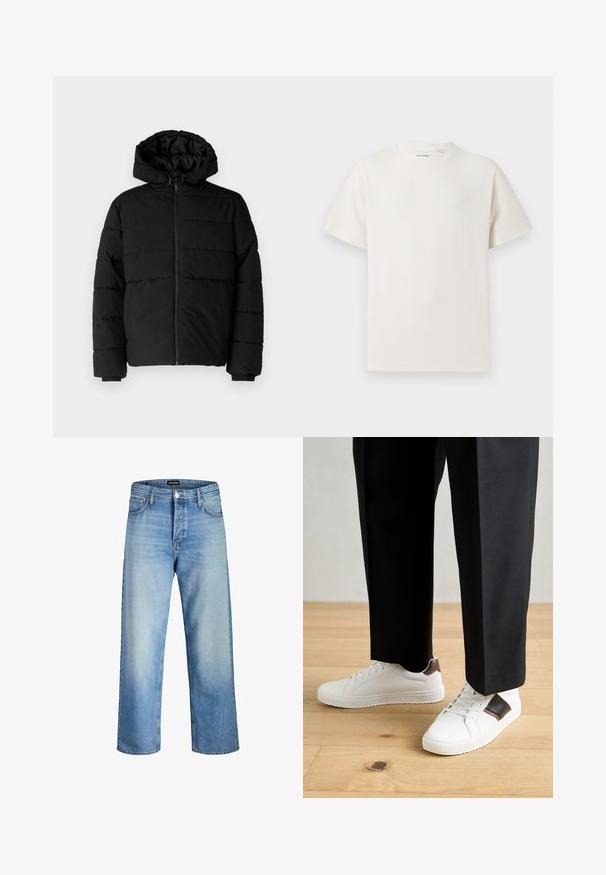 Fekete puff dzseki cipzárral elöl, kapucnival és vízszintes steppelt mintázattal. Simább, tartós anyagból készült, bordázott mandzsettákkal.; Fehér, rövid ujjú póló bordázott textúrával. Kerek nyakkivágás, laza szabás, nincs látható minta vagy díszítés. Egyszerű és sokoldalú dizájn.; Világoskék farmernadrág, laza fazonnal, magas derékkal, elülső zsebekkel és egyenes szárú szabással, amelyen finom kopás látható.; Fehér sneaker, sima textúrával, barna bőr díszítéssel és fekete részletekkel, fekete szabott nadrággal párosítva. Fából készült padló háttér.