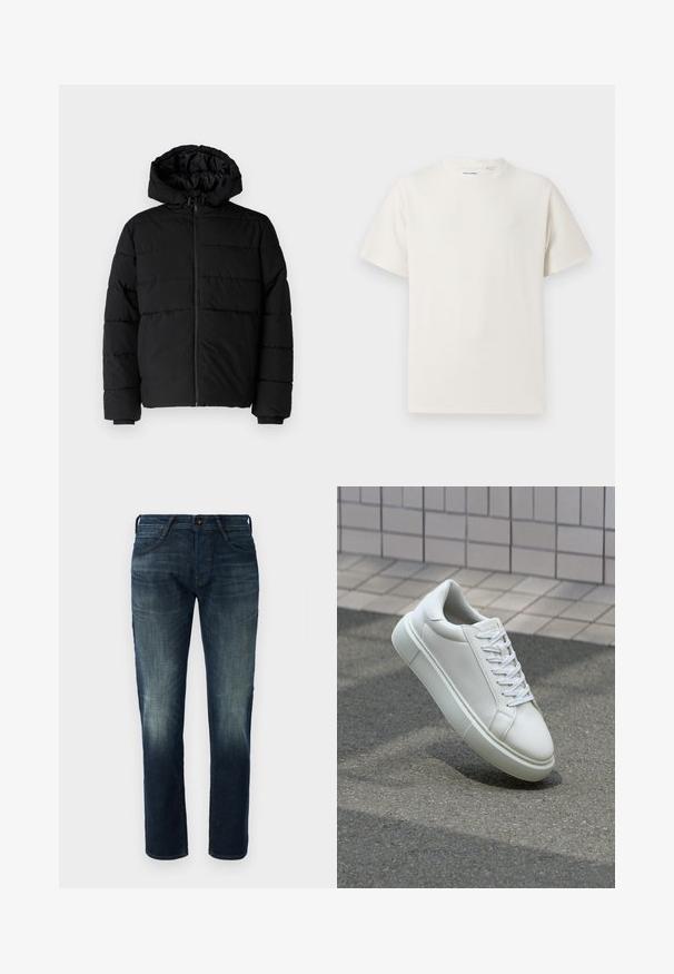 Giacca a vento nera con zip frontale, cappuccio e design a righe orizzontali. Realizzata in un tessuto liscio e resistente con polsini a coste.; T-shirt bianca a maniche corte in texture a coste. Girocollo, vestibilità rilassata, senza modelli o accenti visibili. Design semplice e versatile.; Jeans in denim blu scuro a gamba dritta con leggera scoloritura su cosce e ginocchia, chiusura frontale con bottone e zip, e stile a cinque tasche.; Sneaker bianco in pelle con superficie liscia, punta rotonda e lacci piatti bianchi. Presenta una suola in gomma texturizzata e un design minimale.