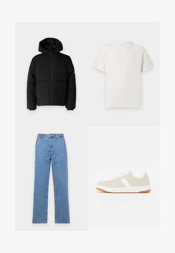 Fekete puff dzseki cipzárral elöl, kapucnival és vízszintes steppelt mintázattal. Simább, tartós anyagból készült, bordázott mandzsettákkal.; Fehér, rövid ujjú póló bordázott textúrával. Kerek nyakkivágás, laza szabás, nincs látható minta vagy díszítés. Egyszerű és sokoldalú dizájn.; Világoskék farmer egyenes szárú nadrág klasszikus öt zsebes kialakítással, elülső gombos záródással és övhurkokkal. Simaság jellemzi.; Beige színű sneaker fehér részletekkel, velúr textúrával, lekerekített formával, fűzős kialakítással és kontrasztos gumitalp alkalmazásával.
