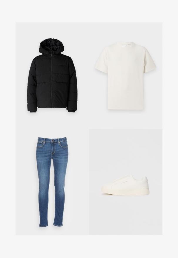 Casaco puffer preto com fecho de correr, capuz e design acolchoado horizontal. Feito de um tecido liso e durável com punhos canelados.; T-shirt branco de manga curta em textura canelada. Gola redonda, ajuste descontraído, sem padrões ou detalhes visíveis. Design simples e versátil.; Pepe Jeans FINSBURY - Calças de ganga de corte skinny - denim; Sapatilhas brancas de atacar com uma superfície texturizada, sola grossa e design minimalista. Possui o logo da marca na lateral.