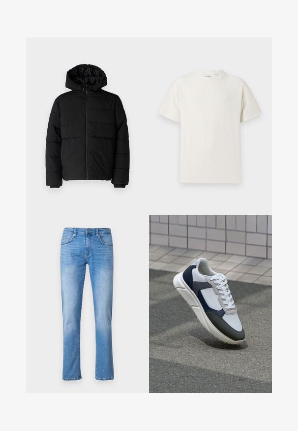 Svart puffjacka med dragkedja fram, huva och horisontellt quiltat mönster. Tillverkad av ett slätt, hållbart tyg med ribbade ärmslut.; Vit t-shirt med kort ärm i ribbad struktur. Rund halsringning, löst sittande passform, inga synliga mönster eller detaljer. Enkelt och mångsidigt design.; Ljusblå denimjeans med rak ben-design, med fem fickor, knapp- och dragkedjestängning samt subtila blekning mönster.; Vit, marinblå och grå sneaker med en blandad materialdesign, som har ett texturerat ovandel, platta snören och en vadderad sula.