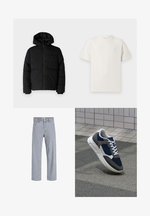 Svart puffjacka med dragkedja fram, huva och horisontellt quiltat mönster. Tillverkad av ett slätt, hållbart tyg med ribbade ärmslut.; Vit t-shirt med kort ärm i ribbad struktur. Rund halsringning, löst sittande passform, inga synliga mönster eller detaljer. Enkelt och mångsidigt design.; Ljusblå denimjeans med en avslappnad passform, rak bendesign, synlig sömnad, två framtida fickor och knappstängning.; Sko med överdel i marinblå mesh, grå mockadetaljer, vit gummisula och platta vita snören, designad för komfort och andningsförmåga.