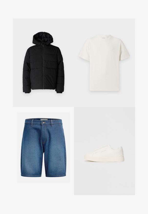 Giacca a vento nera con zip frontale, cappuccio e design a righe orizzontali. Realizzata in un tessuto liscio e resistente con polsini a coste.; T-shirt bianca a maniche corte in texture a coste. Girocollo, vestibilità rilassata, senza modelli o accenti visibili. Design semplice e versatile.; Pantaloni corti in denim con un lavaggio blu scuro, design classico a cinque tasche, chiusura con zip e bottone, e cuciture a contrasto.; Sneakers bianchi slip-on con superficie texturizzata, suola spessa e design minimalista. Presentano il logo del marchio sul lato.