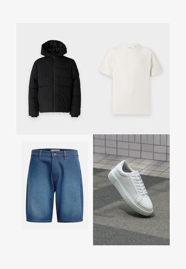 Črna puhovka z zadrgo spredaj, kapuco in vodoravno šivano obliko. Narejena je iz gladkega, trpežnega materiala z rebrastimi manšetami.; Bela majica s kratkimi rokavi iz rebraste tkanine. Okrogli izrez, sproščen kroj, brez vidnih vzorcev ali naglasov. Preprosta in vsestranska zasnova.; Jean šortki z temno modrim pranjem, klasičnim petim žepnim dizajnom, zadrgo in gumbom za zapiranje, ter kontrastnim šivanjem.; Bela usnjena teniska obutev z gladko površino, okroglo konico in ravnimi belimi vezalkami. Ima teksturiran gumijast podplat in minimalne oblikovalske elemente.