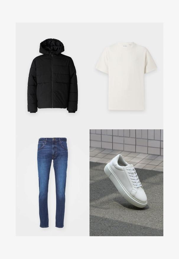 Chaqueta acolchada negra con cremallera frontal, capucha y diseño acolchado horizontal. Fabricada con un tejido suave y duradero con puños acanalados.; Camiseta blanca de manga corta en textura acanalada. Cuello redondo, corte relajado, sin patrones ni acentos visibles. Diseño simple y versátil.; Vaqueros de mezclilla azul con corte ajustado, diseño de cinco bolsillos y un ligero desvanecimiento. Presenta un botón de metal dorado y detalles de costura a juego.; Zapatilla de cuero blanca con una superficie lisa, punta redonda y cordones blancos planos. Presenta una suela de goma texturizada y elementos de diseño mínimos.