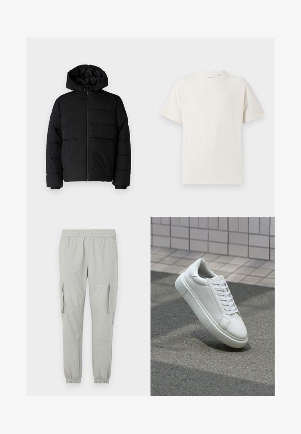 Svart boblejakke med glidelås foran, hette og horisontalt quiltet design. Laget av et glatt, slitesterkt stoff med ribbede cuffs.; Hvit T-skjorte med kort erm i ribbestrikket tekstur. Rund hals, avslappet passform, ingen synlige mønstre eller detaljer. Enkelt og allsidig design.; Lysegrå cargo bukser med elastisk livlinje, smalnet ankel, to sidelommer og to store sidelommer. Glatt stofftekstur.; Hvit lær sneaker med glatt overflate, rund tå og flate hvite snøringer. Har en teksturert gummisåle og minimale design elementer.