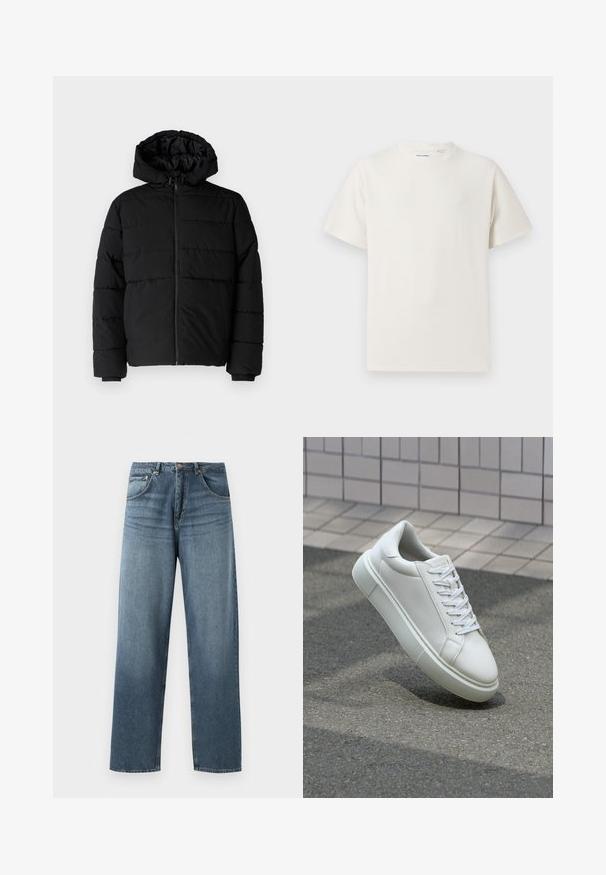 Casaco puffer preto com fecho de correr, capuz e design acolchoado horizontal. Feito de um tecido liso e durável com punhos canelados.; T-shirt branco de manga curta em textura canelada. Gola redonda, ajuste descontraído, sem padrões ou detalhes visíveis. Design simples e versátil.; Jeans de denim azul de perna reta com um acabamento desbotado, apresentando um design de cinco bolsos, botão de metal e passadores para cinto. Tecido estruturado de peso médio.; Tênis de couro branco com superfície lisa, bico redondo e cadarços brancos planos. Apresenta uma sola de borracha texturizada e elementos de design minimalistas.