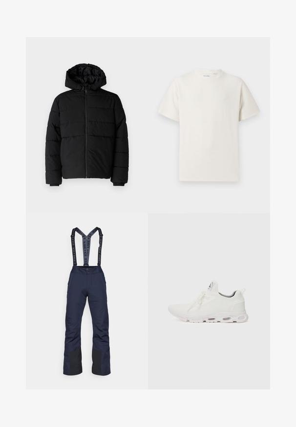 Black puffer jacket featuring a zip front, a hood, and horizontal quilted design. Made of a smooth, durable fabric with ribbed cuffs.; White short-sleeve T-shirt in a ribbed texture. Round neckline, relaxed fit, no visible patterns or accents. Simple and versatile design.; Navy ski pants with adjustable black suspenders featuring "FIRE + ICE" text, reinforced black accents on knees, and two zippered side pockets.; White athletic shoes featuring a textured knit upper, flat laces, and a cushioned sole with visible air chambers for added support.