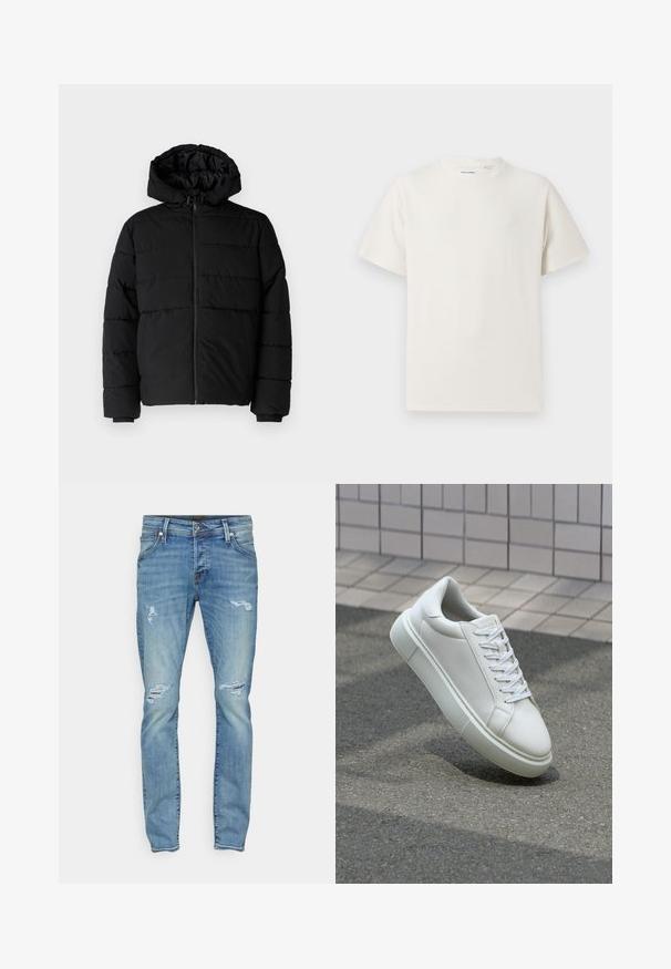 Chaqueta acolchada negra con cremallera frontal, capucha y diseño acolchado horizontal. Fabricada con un tejido suave y duradero con puños acanalados.; Camiseta blanca de manga corta en textura acanalada. Cuello redondo, corte relajado, sin patrones ni acentos visibles. Diseño simple y versátil.; Vaqueros de denim azul claro con un ajuste slim, que presentan detalles desgastados y patrones de rasgado en la parte frontal, diseño estándar de cinco bolsillos y cierre de botón en la parte superior.; Zapatilla de cuero blanca con una superficie lisa, punta redonda y cordones blancos planos. Presenta una suela de goma texturizada y elementos de diseño mínimos.