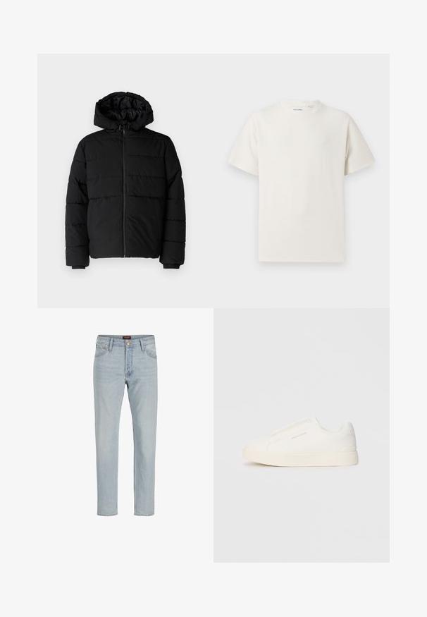 Casaco puffer preto com fecho de correr, capuz e design acolchoado horizontal. Feito de um tecido liso e durável com punhos canelados.; T-shirt branco de manga curta em textura canelada. Gola redonda, ajuste descontraído, sem padrões ou detalhes visíveis. Design simples e versátil.; Jeans de ganga azul clara com corte reto, design de cinco bolsos, fecho de botão, e textura ligeiramente desbotada.; Sapatilhas brancas de atacar com uma superfície texturizada, sola grossa e design minimalista. Possui o logo da marca na lateral.