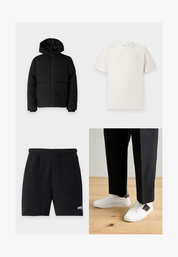 Juodas pūkinis švarkas su užtrauktuku priekyje, gaubtu ir horizontaliai siuvinėtu dizainu. Pagamintas iš lygaus, tvirto audinio su raukiniais ant rankovių.; Balta trumpa rankovė T-polo marškinėlių su juostelėmis tekstūra. Apvalus iškirpimas, laisvas fasonas, jokių matomų raštų ar akcentų. Paprastas ir universalus dizainas.; Juodi medvilniniai šortai su elastine juosta, dviem šoninėmis kišenėmis ir mažu baltu logotipo detaliu apatiniame dešiniajame kampe. Lygi tekstūra.; Balti sportbačiai su glotnia danga, puošti rudais odiniais akcentais ir juodais detalėmis, derinami su juodais pritaikytais kelnėmis. Medinių grindų fonas.