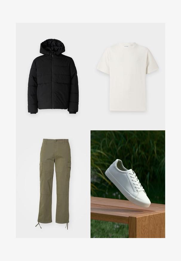Sort pufferjakke med lynlås foran, hætte og vandret quiltet design. Lavet af et glat og holdbart stof med ribbede manchetter.; Hvid kortærmet T-shirt i ribbet tekstur. Rund halsudskæring, løs pasform, ingen synlige mønstre eller accenter. Enkel og alsidig design.; Olivenfarvede cargo-bukser med lige ben-design, der har to sidelommer og justerbare bånd ved anklerne. Lavet af slidstærkt stof.; Hvide snørresneakers svævende over en træbænk med grønne planter i baggrunden, der fremhæver skodesign og tekstur.