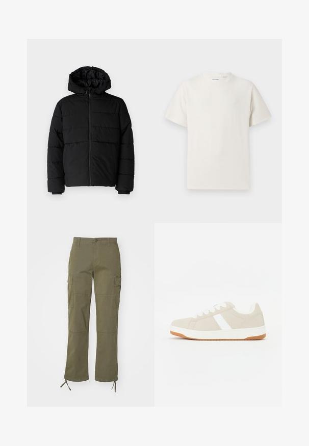 Sort pufferjakke med lynlås foran, hætte og vandret quiltet design. Lavet af et glat og holdbart stof med ribbede manchetter.; Hvid kortærmet T-shirt i ribbet tekstur. Rund halsudskæring, løs pasform, ingen synlige mønstre eller accenter. Enkel og alsidig design.; Olivenfarvede cargo-bukser med lige ben-design, der har to sidelommer og justerbare bånd ved anklerne. Lavet af slidstærkt stof.; Beige sneakers med hvide accenter, suede tekstur, rund form, snørebåndsdesign og en kontrasterende gummibund.