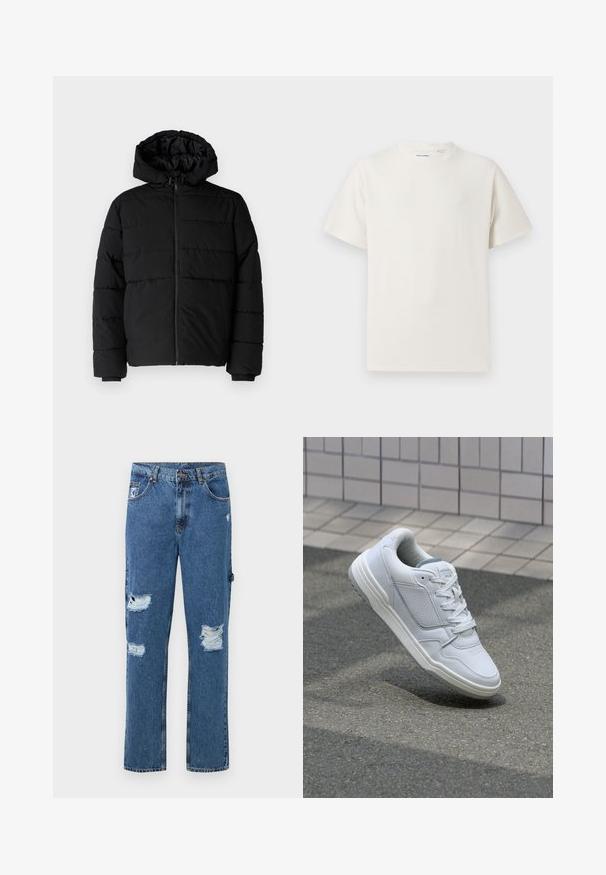 Chaqueta acolchada negra con cremallera frontal, capucha y diseño acolchado horizontal. Fabricada con un tejido suave y duradero con puños acanalados.; Camiseta blanca de manga corta en textura acanalada. Cuello redondo, corte relajado, sin patrones ni acentos visibles. Diseño simple y versátil.; Jeans de mezclilla azul con parches desgastados en ambas piernas, diseño de cinco bolsillos, cierre de botón y trabillas para cinturón.; Zapatilla blanca de cuero con lados perforados, acentos texturizados, cordones planos y un talón gris en contraste. Presenta una suela ligeramente elevada.